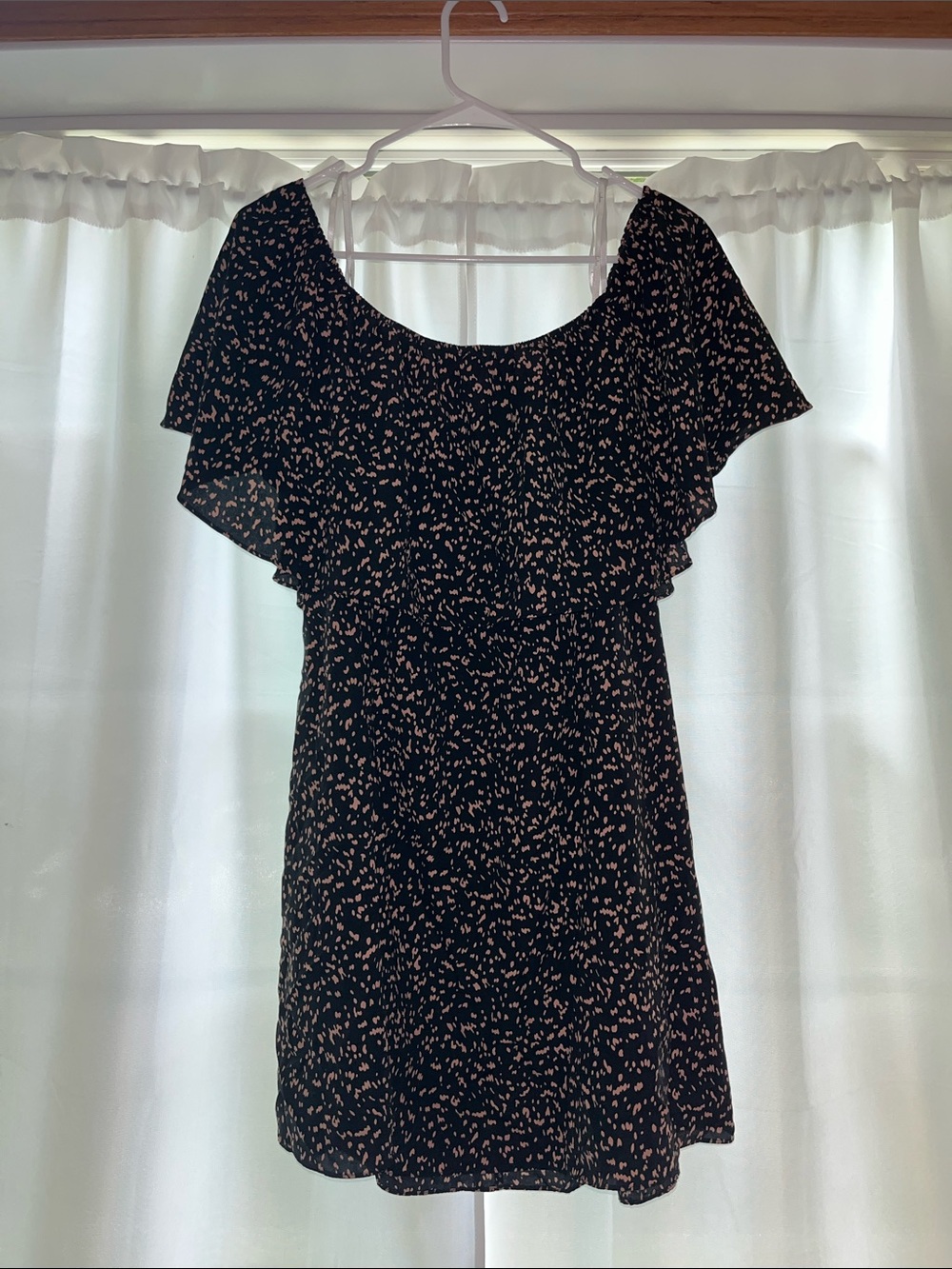Lulu's Black Mini Off the Shoulder Dress with Tan Ditsy Ruffle Neck
